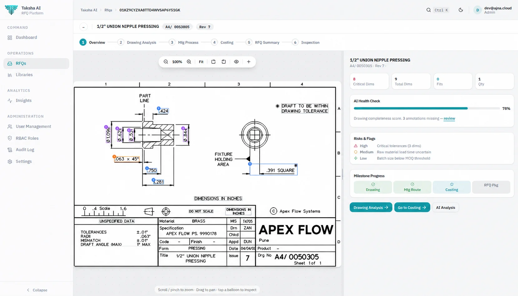 Taksha AI RFQ workspace analysing a union nipple engineering drawing